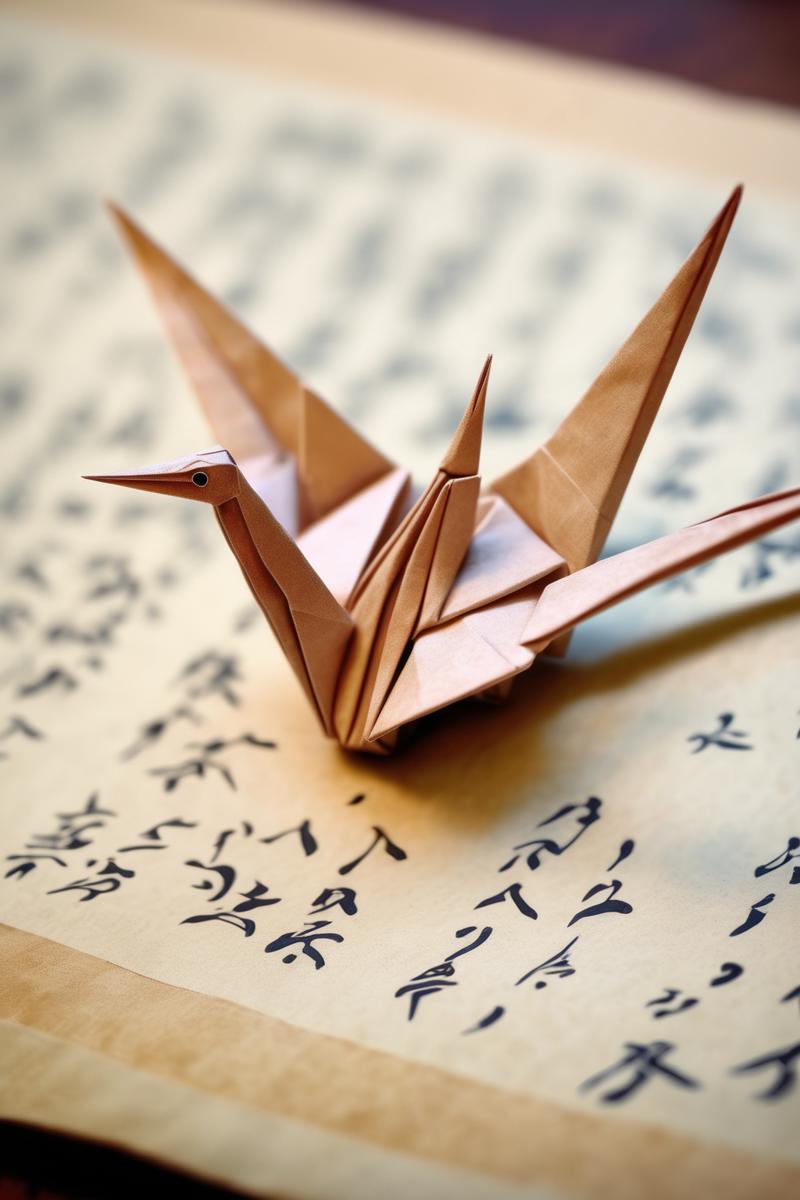 00327-1616882223-_lora_ORIGAMI_1_ORIGAMI - A delicate origami crane resting on an ancient Japanese manuscript.png